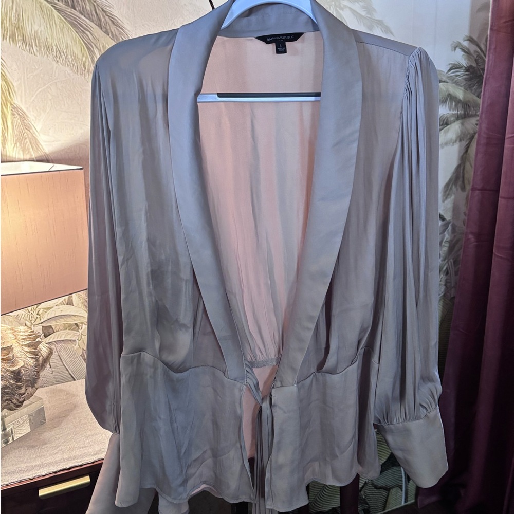Banana Republic Elegant Gray Satin Wrap Blouse